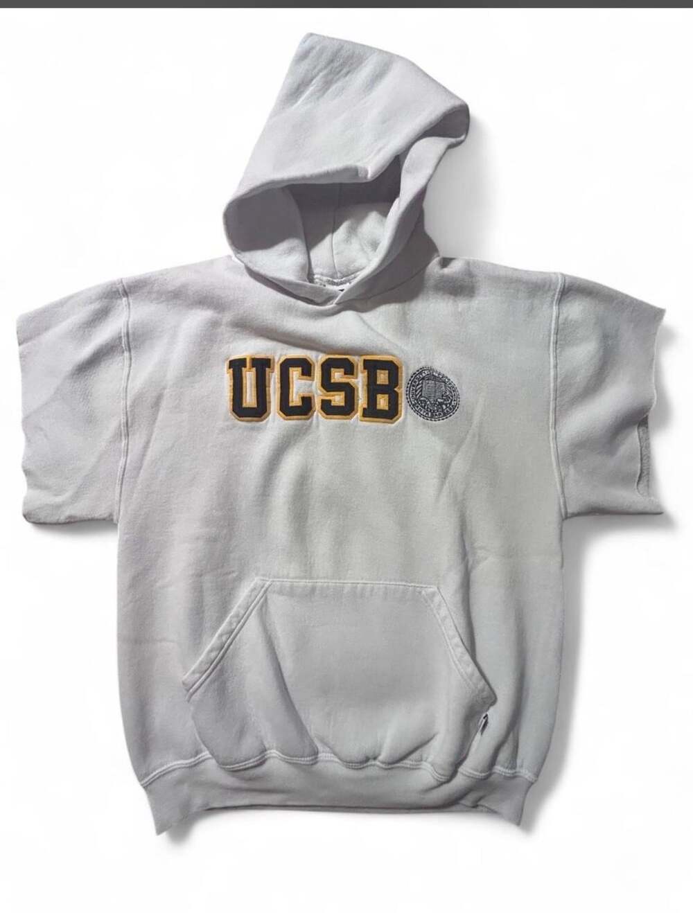 Cut Off Russell Athletic UCSB Hoodie Size M Grey College Spell Out Pullover